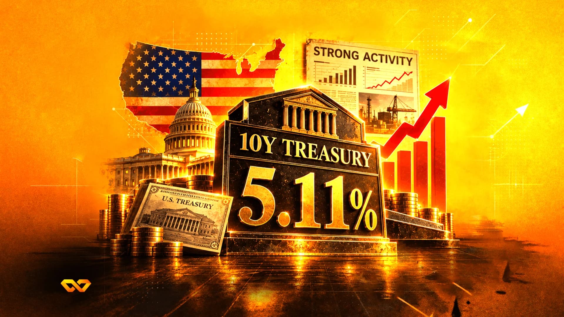 نص سندات الخزانة لأجل 10 سنوات بنسبة 5.11% على نصب مع مبنى الكابيتول والعلم الأمريكي وسهم أحمر صاعد.