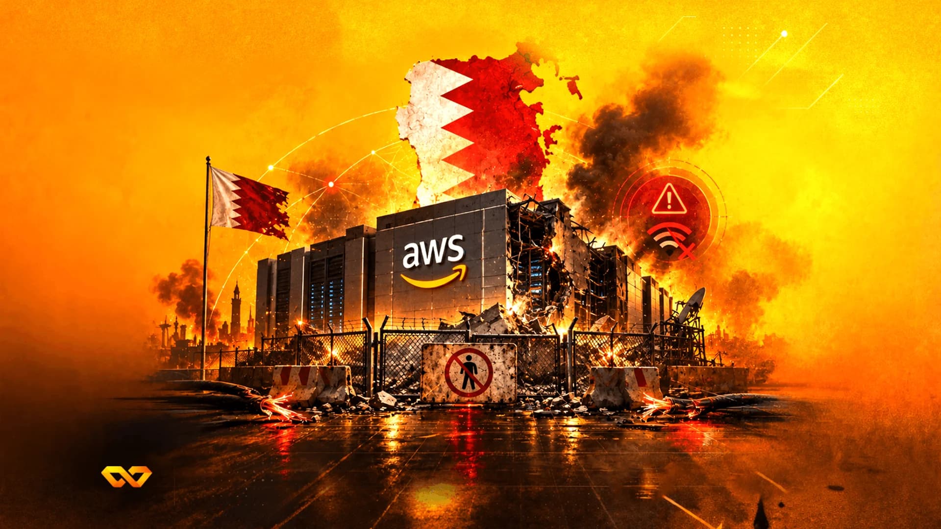مبنى مركز بيانات AWS مدمر وسط النيران والدخان، يظهر فيه علم البحرين وخريطة البحرين.