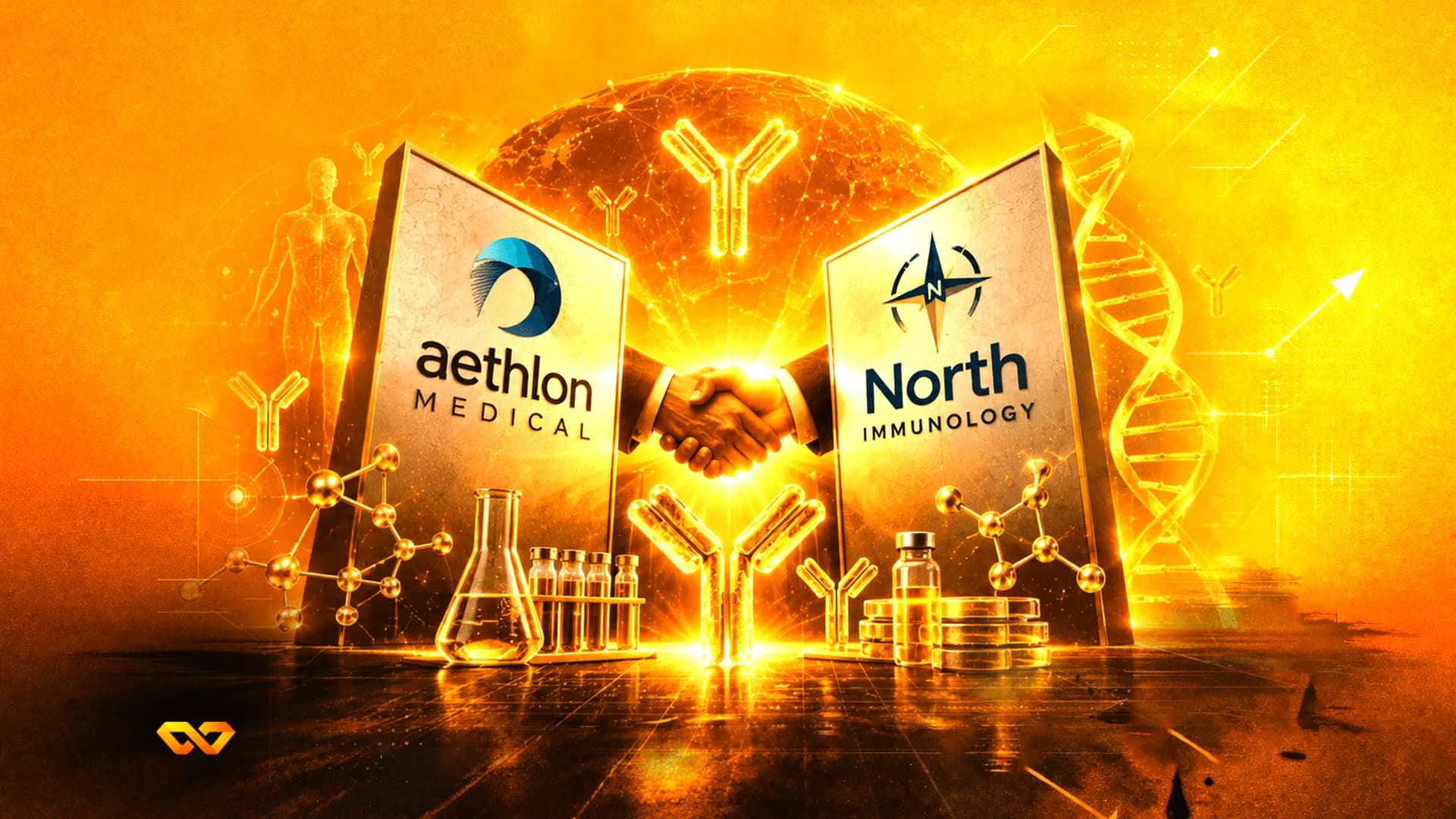 مصافحة بين شعاري شركتي Aethlon Medical وNorth Immunology وسط صور ذهبية للحمض النووي والجزيئات ومعدات المختبرات.