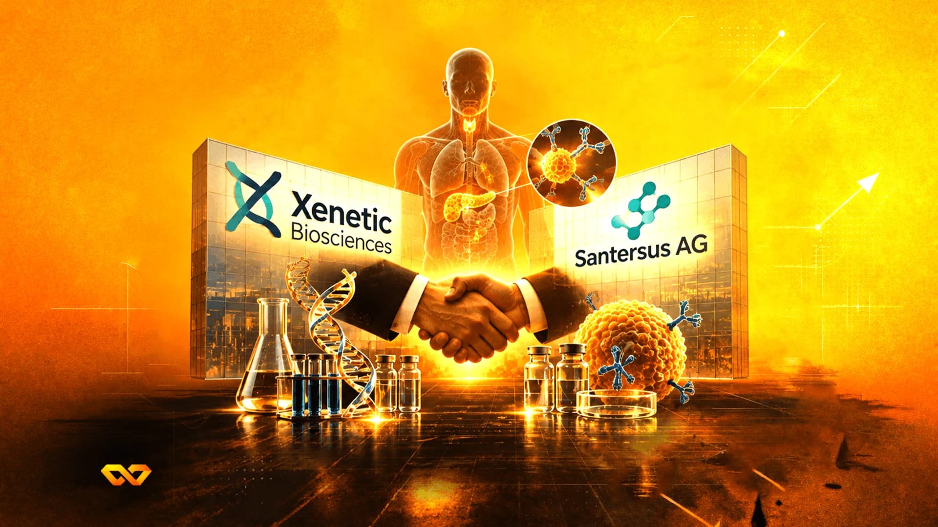 مصافحة بين بدلتين مع شعاري Xenetic Biosciences وSantersus AG، وتشريح بشري، ومعدات مختبرية.