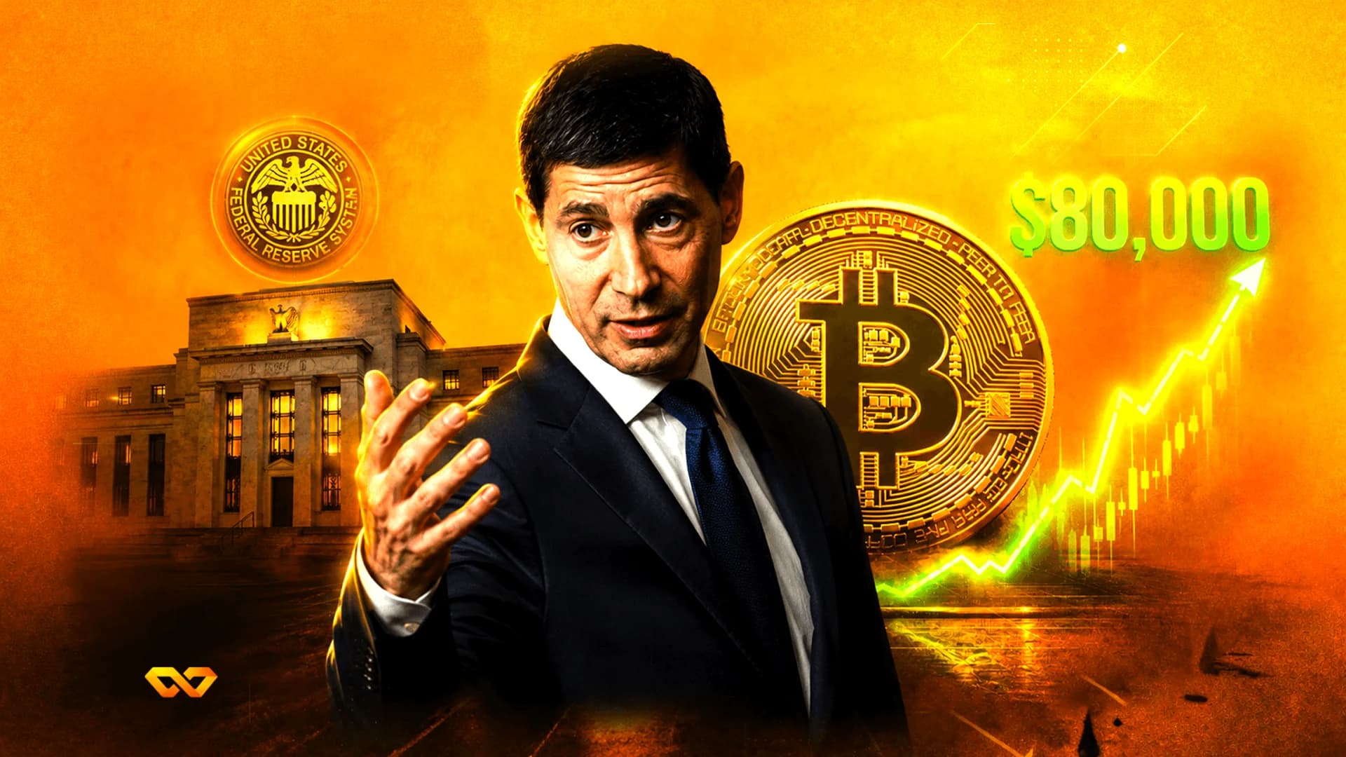 رجل ببدلة مع عملة بيتكوين، مبنى الاحتياطي الفيدرالي، ورسم بياني للسعر يرتفع إلى 80,000 دولار.