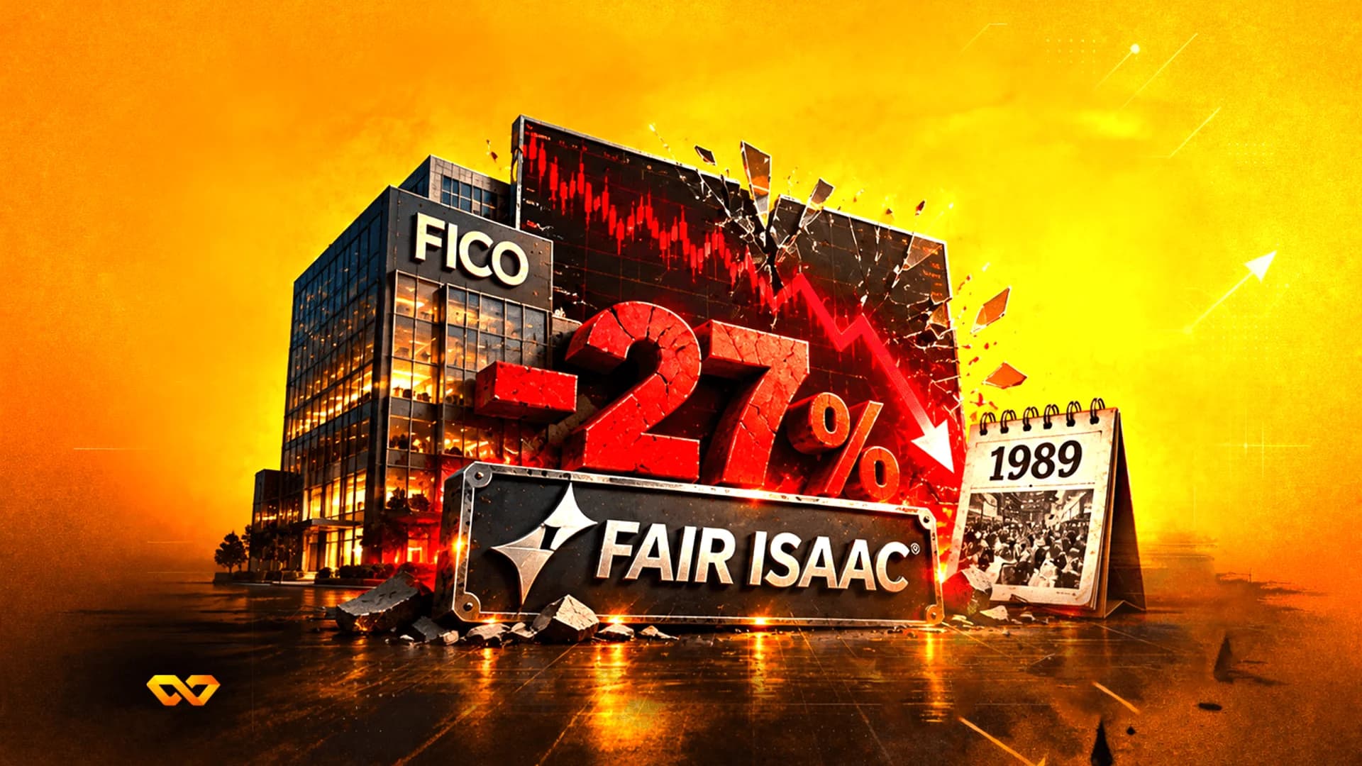رسم رقمي لمبنى FICO مع علامة حمراء كبيرة -27% ورسم بياني لشموع يابانية حمراء منهارة.