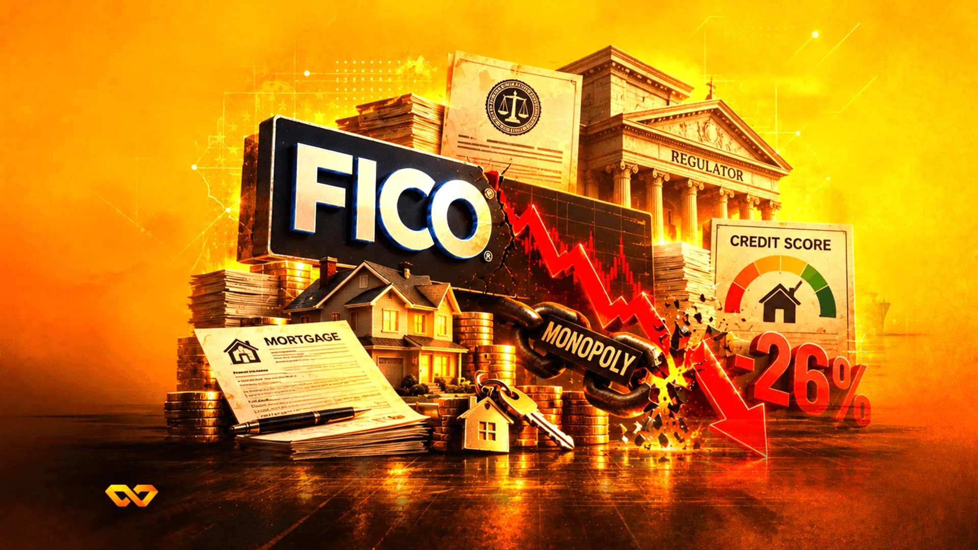 شعار FICO على لافتة فوق وثيقة رهن عقاري، ونموذج منزل، وسهم أحمر يكسر سلسلة مكتوب عليها احتكار.