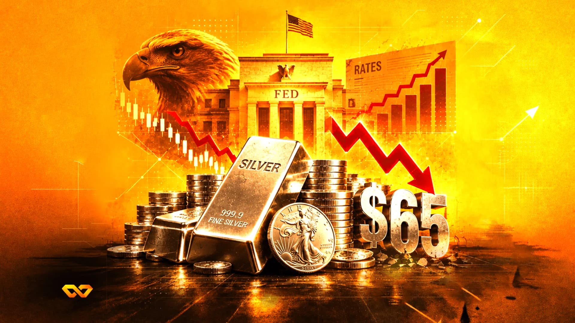 سبائك وعملات فضية مع سهم أحمر هابط، مبنى الفيدرالي، نسر، وعلامة 65 دولاراً على خلفية برتقالية.