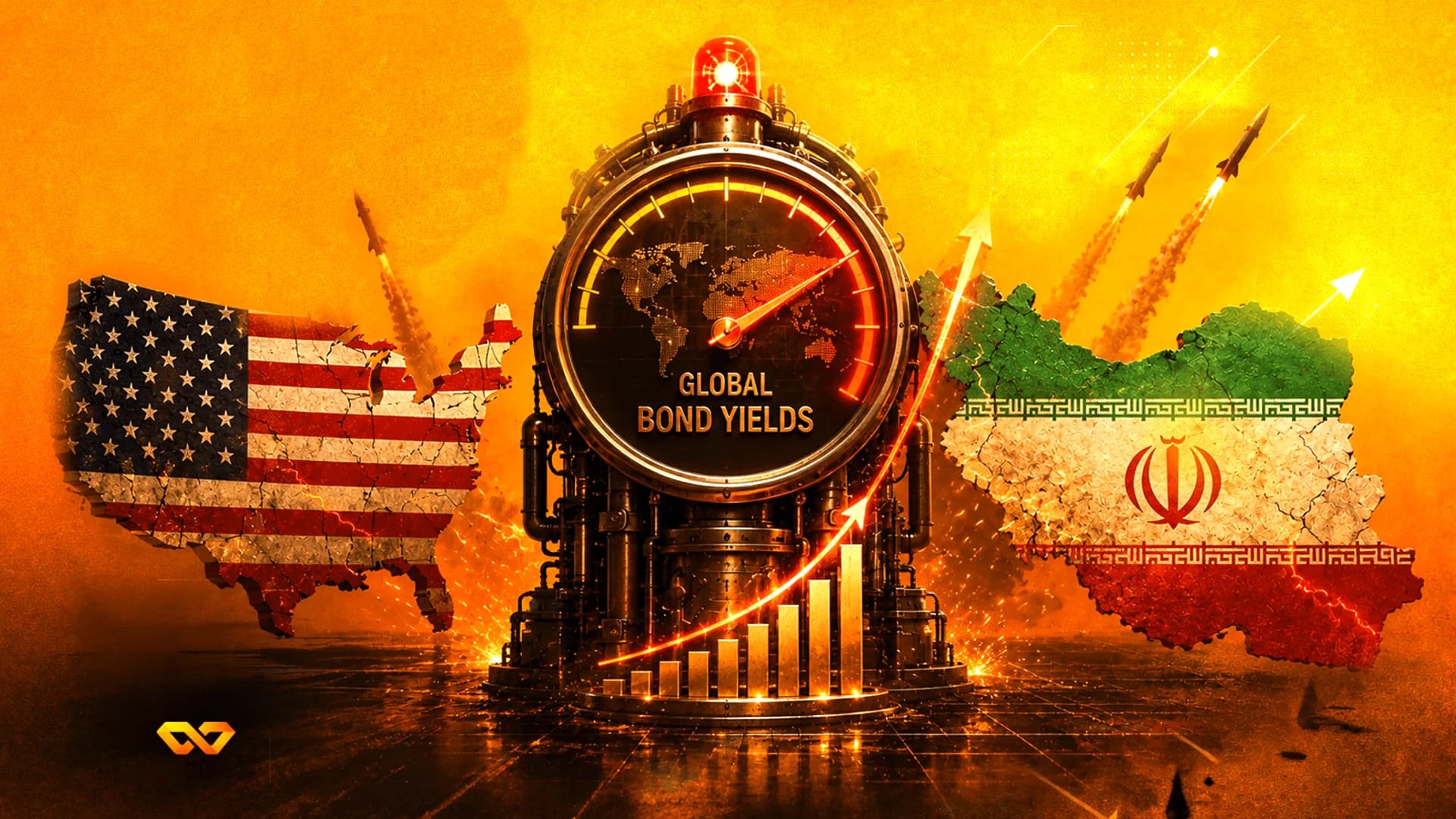 مقياس مكتوب عليه 'عائدات السندات العالمية' بين خريطتي الولايات المتحدة وإيران مع صواريخ ورسم بياني صاعد.