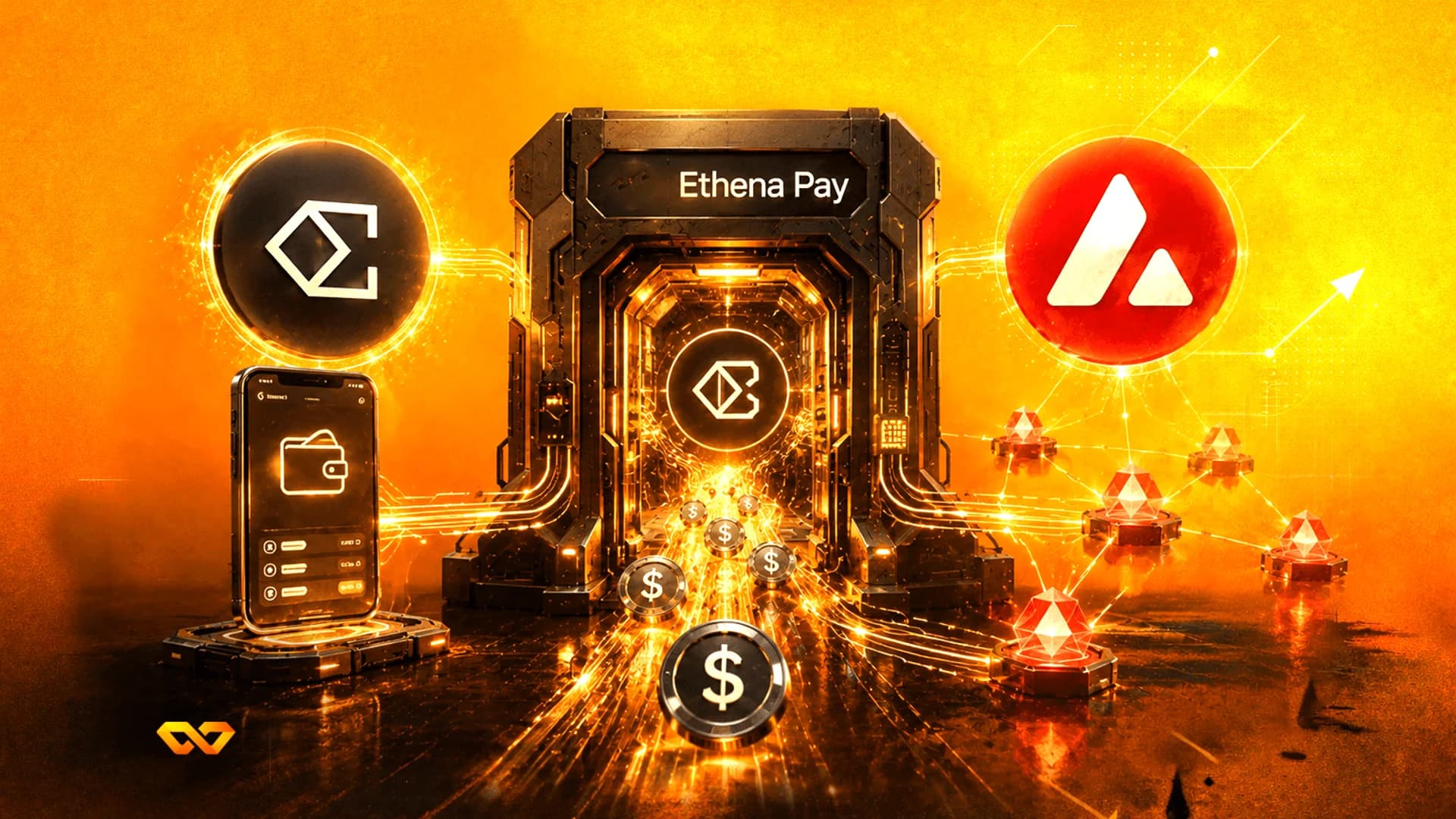 بوابة برتقالية مستقبلية تحمل شعار إيثينا باي مع شعارات أفالانتش وإيثينا، وهاتف ذكي، وعملات دولار متوهجة.