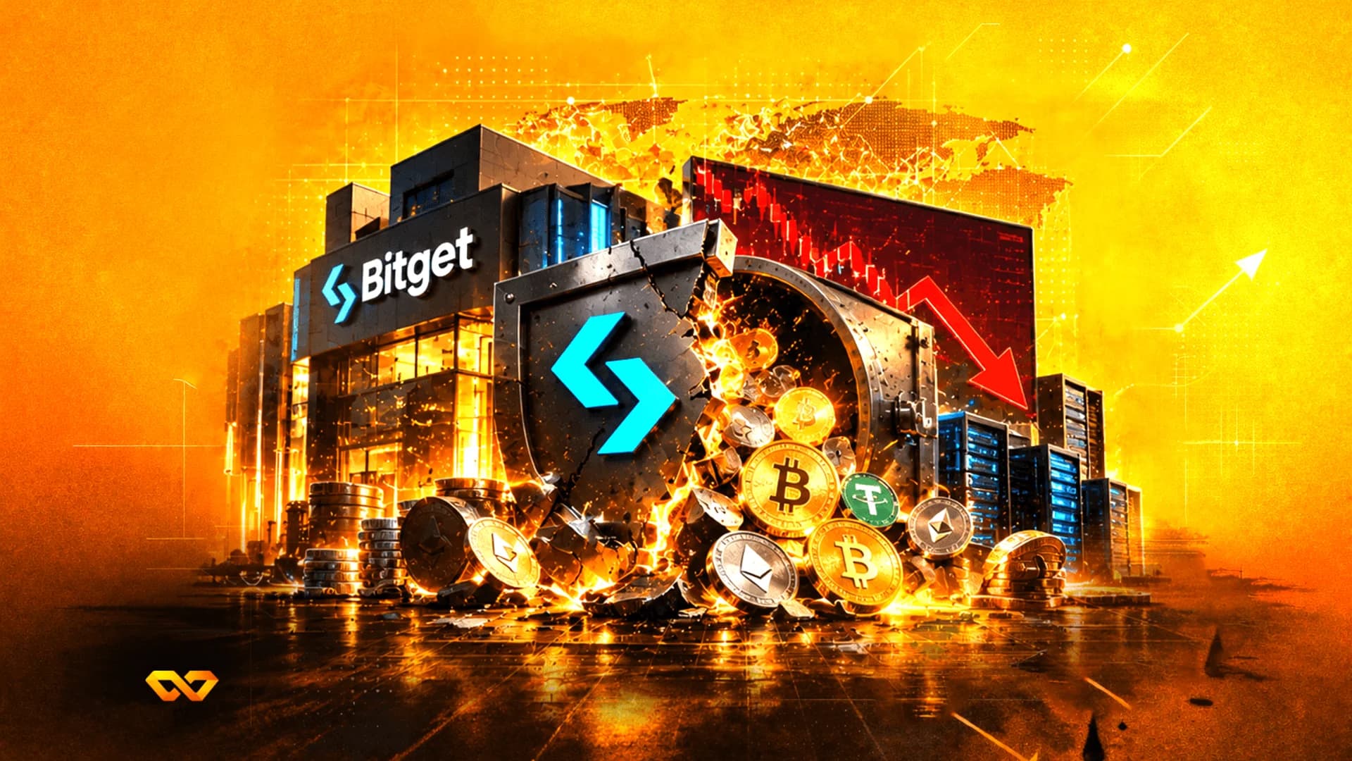 مبنى ودرع Bitget مع خزنة تسكب عملات مشفرة بجانب رسم بياني خطي أحمر هابط.