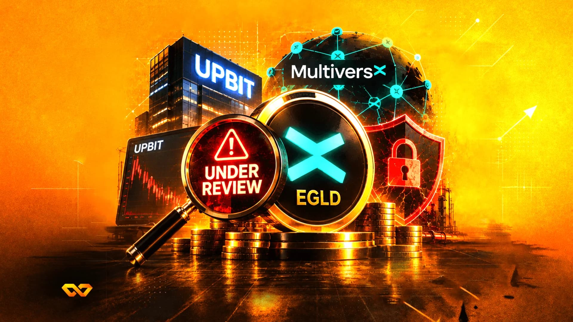 عدسة مكبرة فوق علامة 'قيد المراجعة' بجانب عملة EGLD ومبنى Upbit ودرع قفل على خلفية برتقالية.