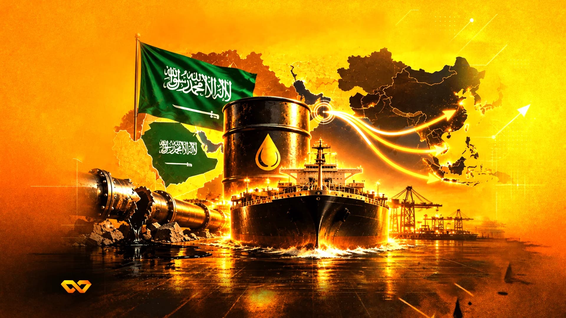 علم السعودية، برميل نفط، ناقلة، وخط أنابيب أمام خريطة برتقالية توضح مسارات التجارة إلى آسيا.
