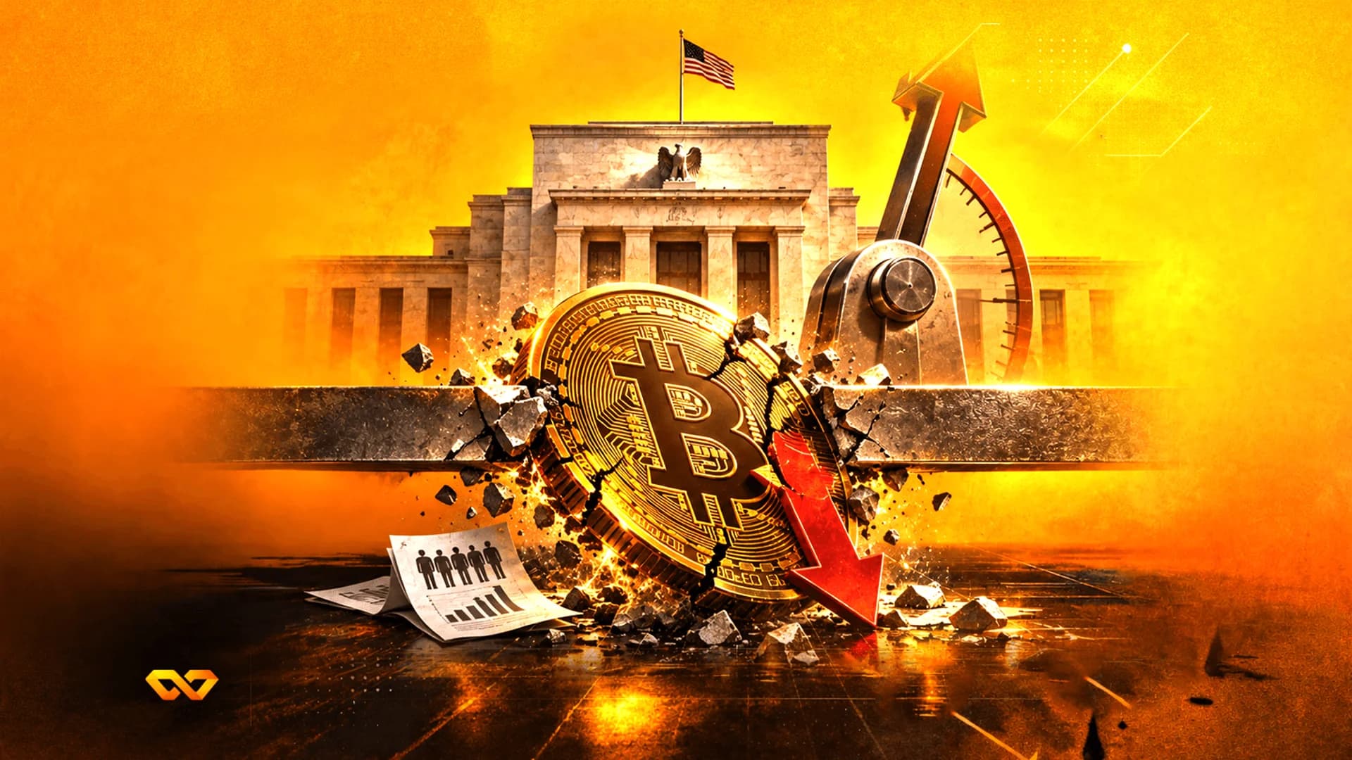 عملة بيتكوين تكسر حاجزاً أمام مبنى الاحتياطي الفيدرالي الأمريكي مع سهم أحمر هابط.