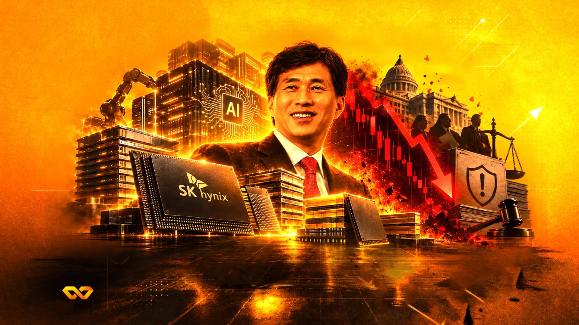 كولاج يضم صورة رجل وشريحة SK Hynix ومبنى AI ومخطط أسهم أحمر ورموزاً قانونية بظلال برتقالية.