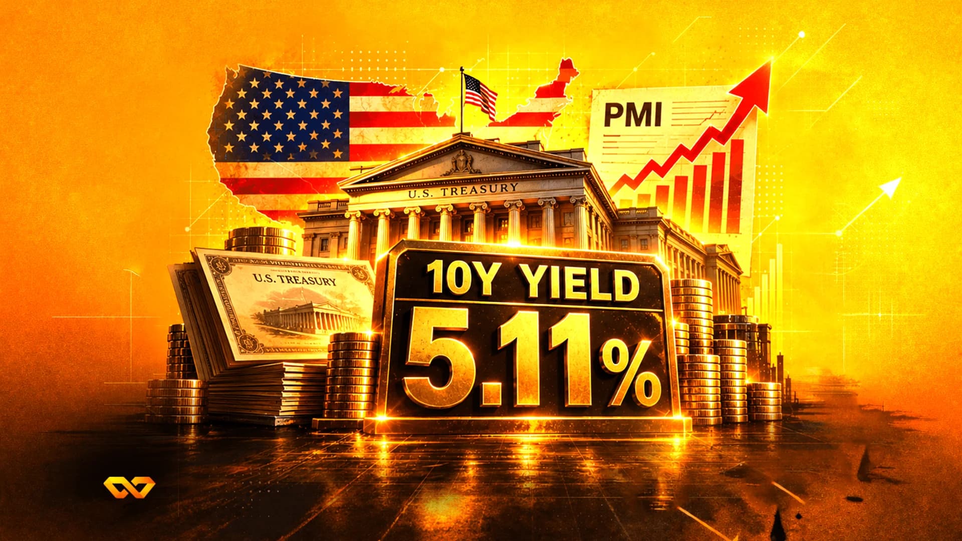 فن رقمي لمبنى الخزانة الأمريكية، وعلامة عائد بنسبة 5.11٪، ومخطط PMI صاعد على خلفية ذهبية.
