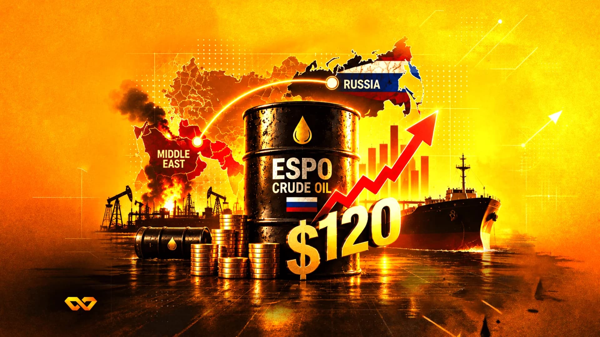 برميل نفط ESPO مع علم روسيا وسهم أحمر صاعد وسعر 120 دولاراً فوق خلفية خريطة.