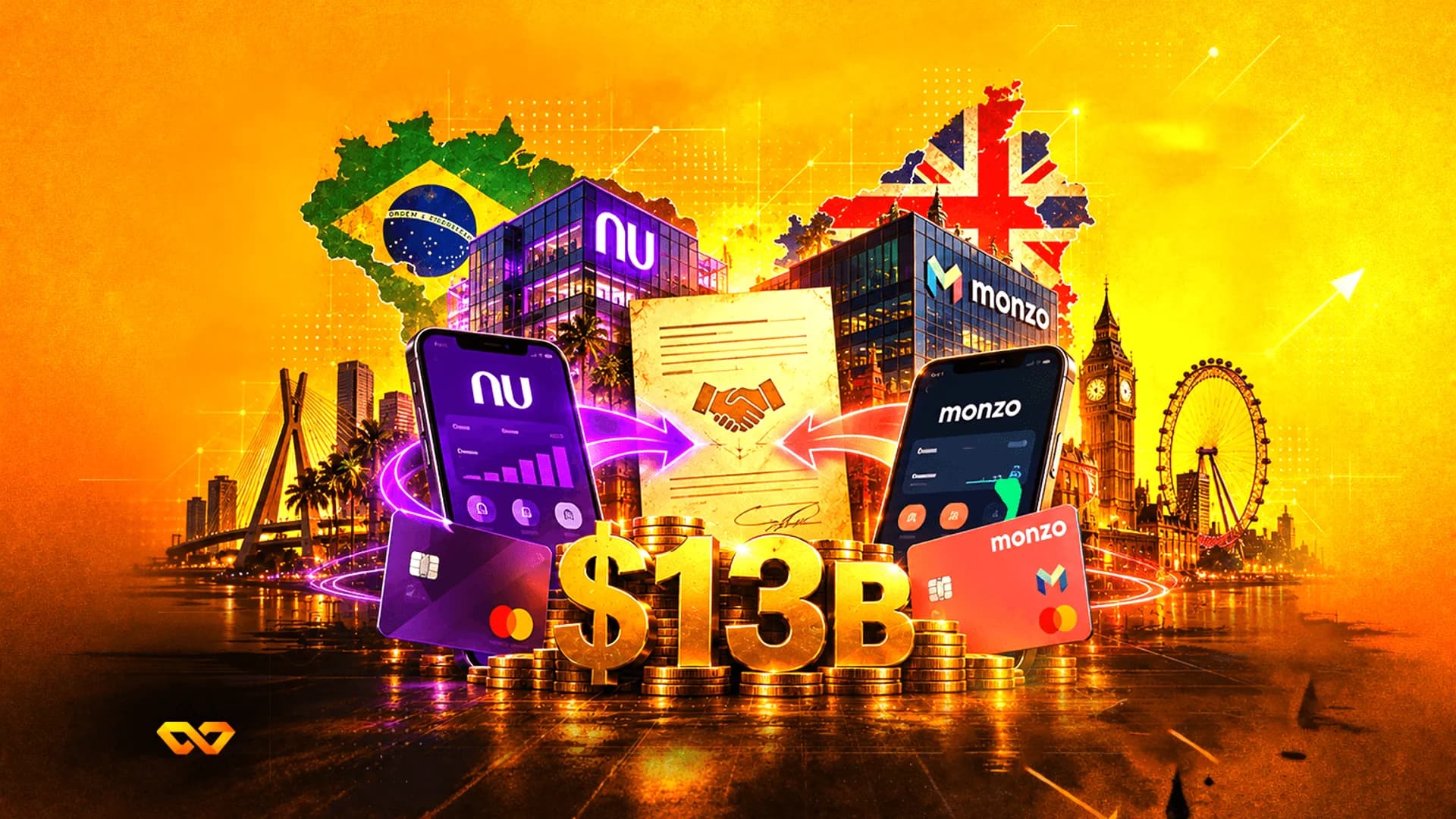 تطبيقات Nubank وMonzo وبطاقات ائتمان وعلامة 13 مليار دولار أمام خرائط ومعالم البرازيل والمملكة المتحدة.
