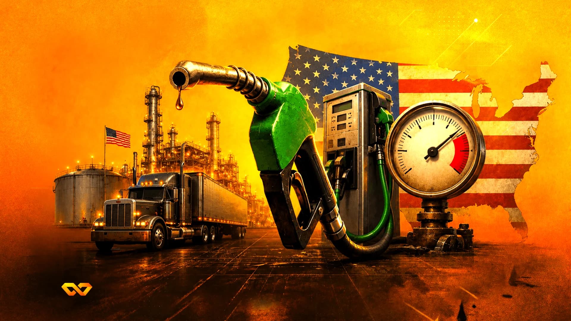 فوهة وقود تقطر زيتًا أمام شاحنة ومصفاة ومقياس ضغط وخريطة للولايات المتحدة بعلم أمريكي.