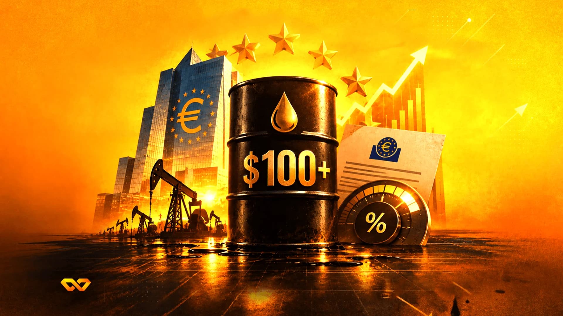 برميل نفط عليه نص +100 دولار، مبنى برمز اليورو، مضخات نفط، وسهم صاعد على خلفية ذهبية.