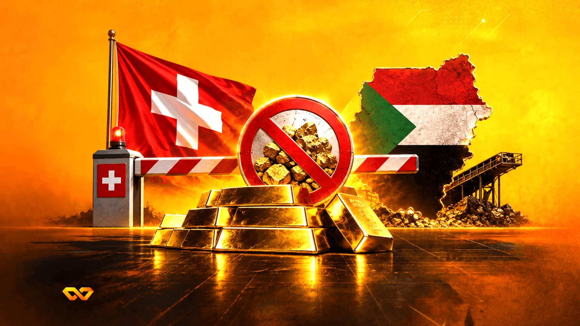 سبائك ذهب بين علم سويسرا وخريطة السودان، مع علامة منع حمراء وحاجز حدودي.