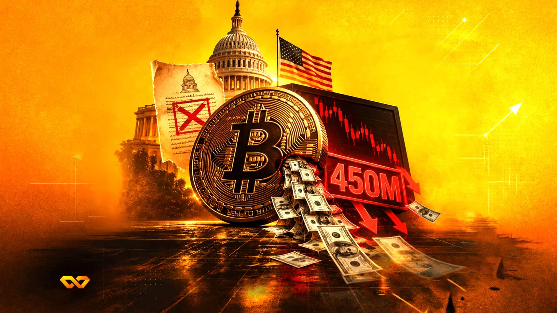 عملة بيتكوين أمام مبنى الكابيتول الأمريكي مع دولارات متساقطة ورسم بياني هابط باللون الأحمر.