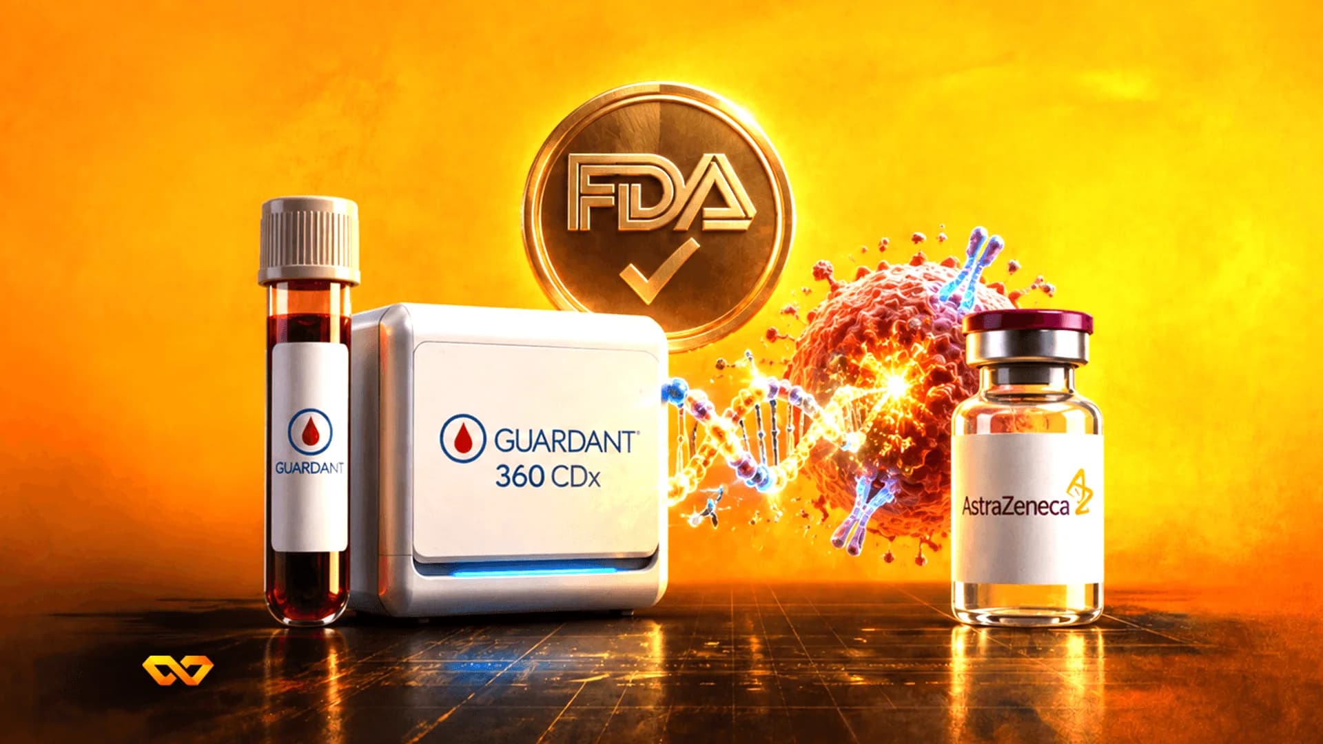 طقم Guardant 360 CDx وأنبوب دم وزجاجة AstraZeneca مع ختم ذهبي لإدارة الغذاء والدواء على خلفية برتقالية متوهجة.