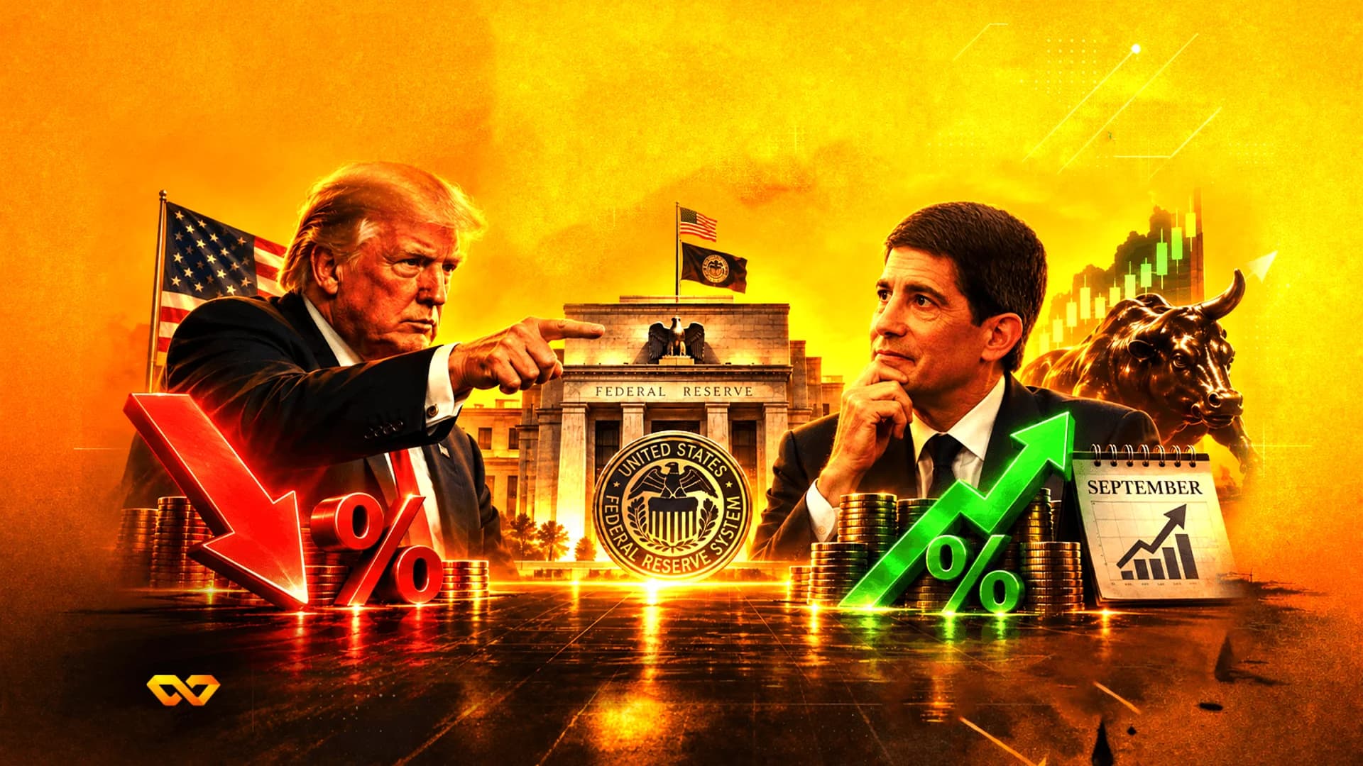 دونالد ترامب وجيروم باول مع مبنى الاحتياطي الفيدرالي، وأسهم حمراء وخضراء، وتقويم لشهر سبتمبر.