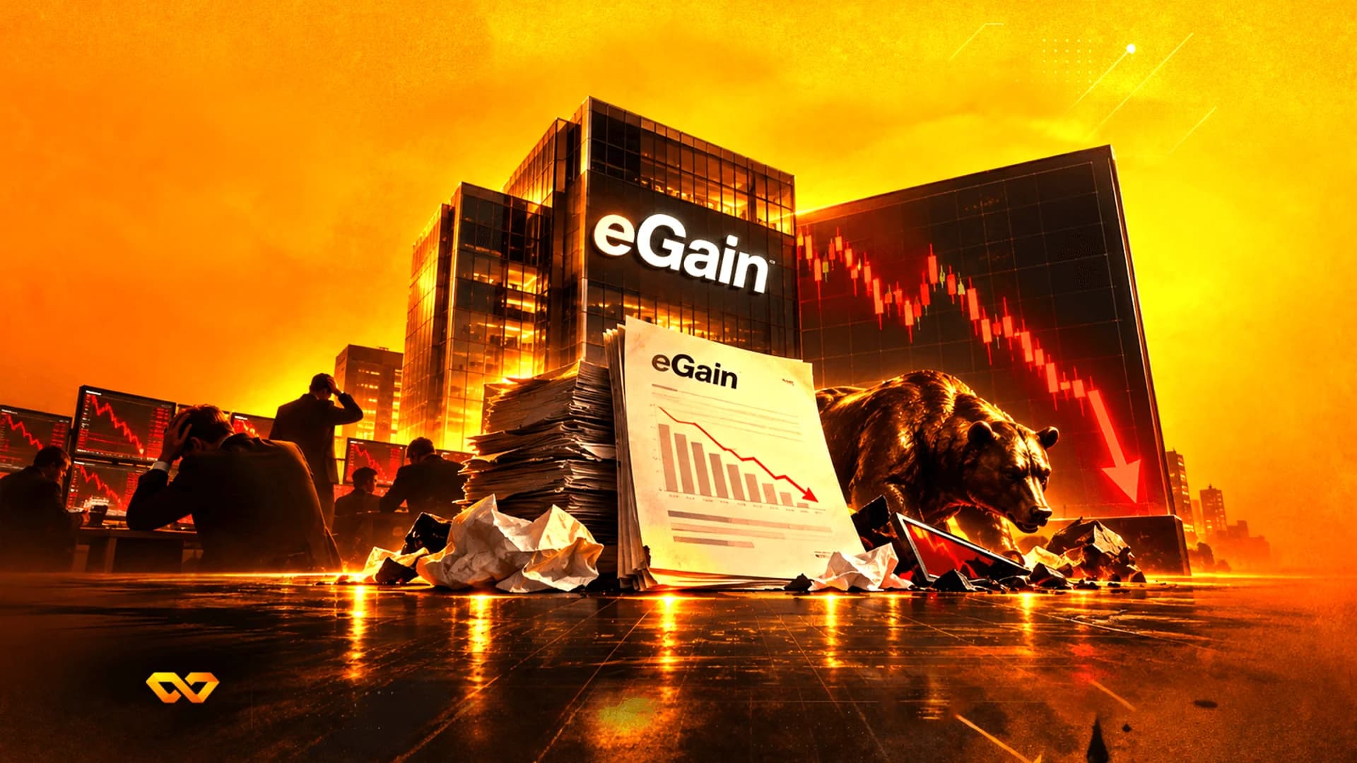 مبنى يحمل شعار eGain وتمثال دب ورسم بياني هابط باللون الأحمر في خلفية برتقالية نارية.