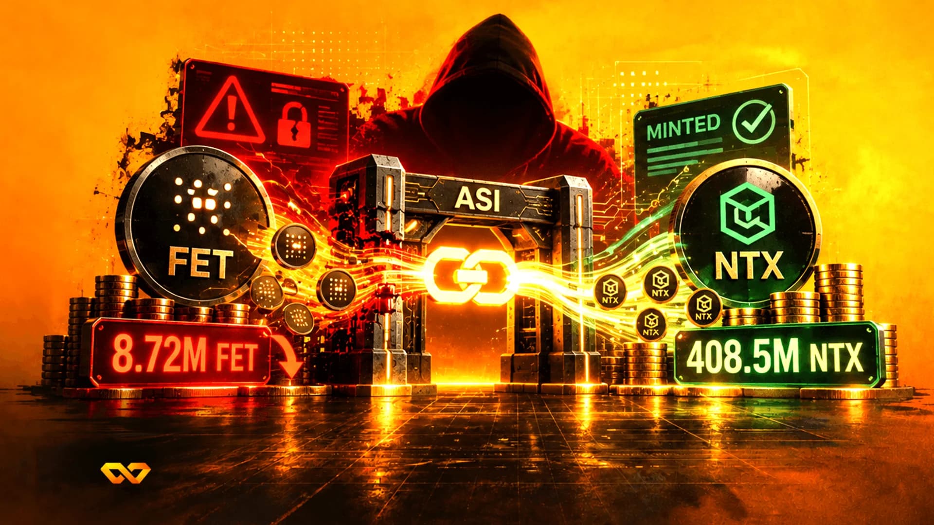 شخص مقنع خلف بوابة مستقبلية تحمل علامة ASI، مع شعارات FET وNTX وأكوام من العملات المعدنية.