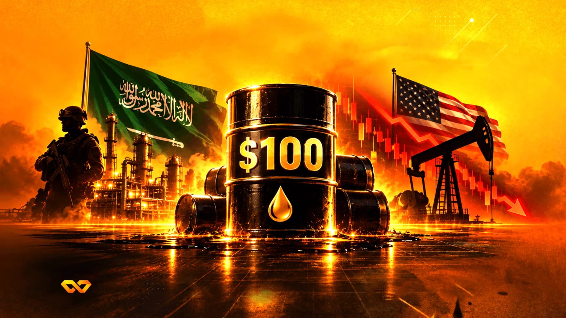 برميل نفط يحمل علامة 100 دولار بين علمي السعودية والولايات المتحدة، مع مصفاة ومضخة ومخطط أسعار أحمر.