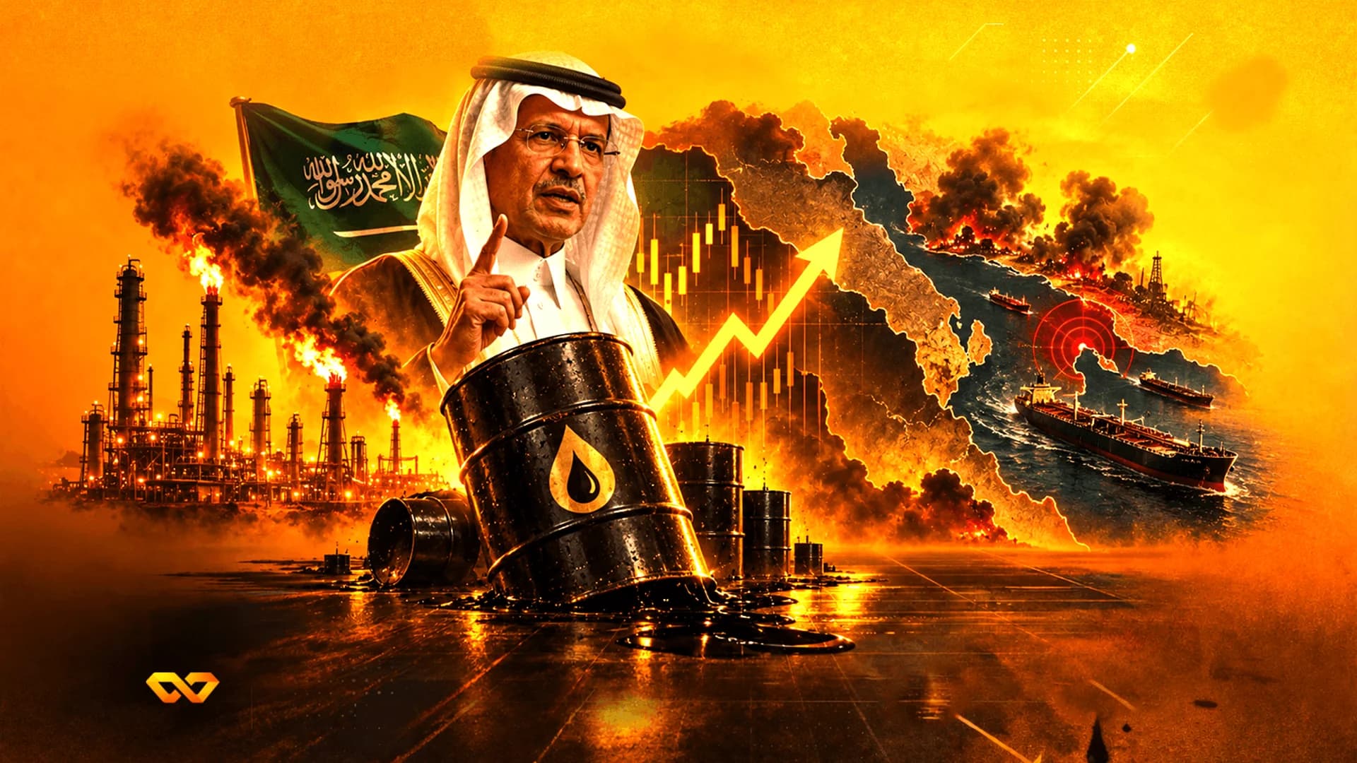 كولاج لرجل بالزي السعودي وبراميل نفط ورسم بياني صاعد وسفن في بحر به انفجارات.