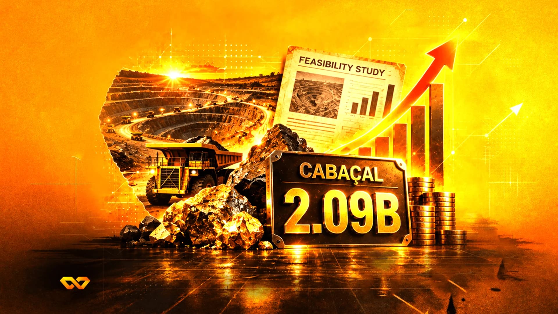 كولاج لمنجم مفتوح، شاحنة تعدين، قطع ذهب، مخطط بياني صاعد، ولوحة مكتوب عليها Cabaçal 2.09B.