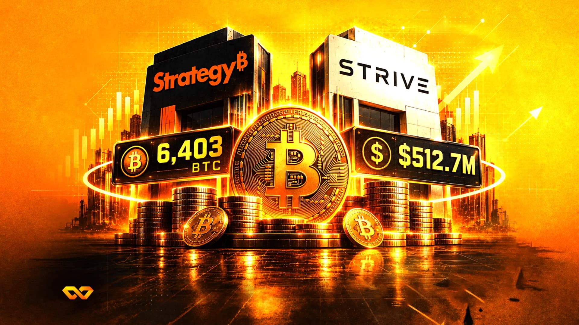 رسم رقمي لمباني تحمل شعاري Strategy وStrive مع عملة بيتكوين كبيرة ولوحات بيانات مالية.