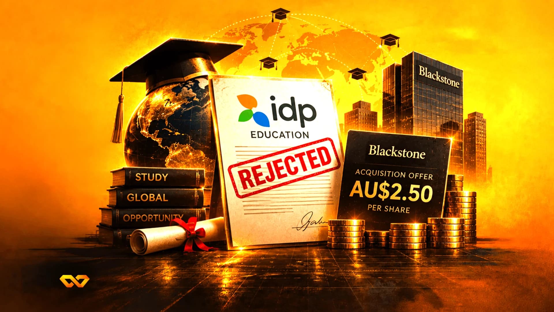 وثيقة IDP Education عليها ختم 'مرفوض' أحمر بجانب بطاقة عرض استحواذ من Blackstone وعملات ذهبية.
