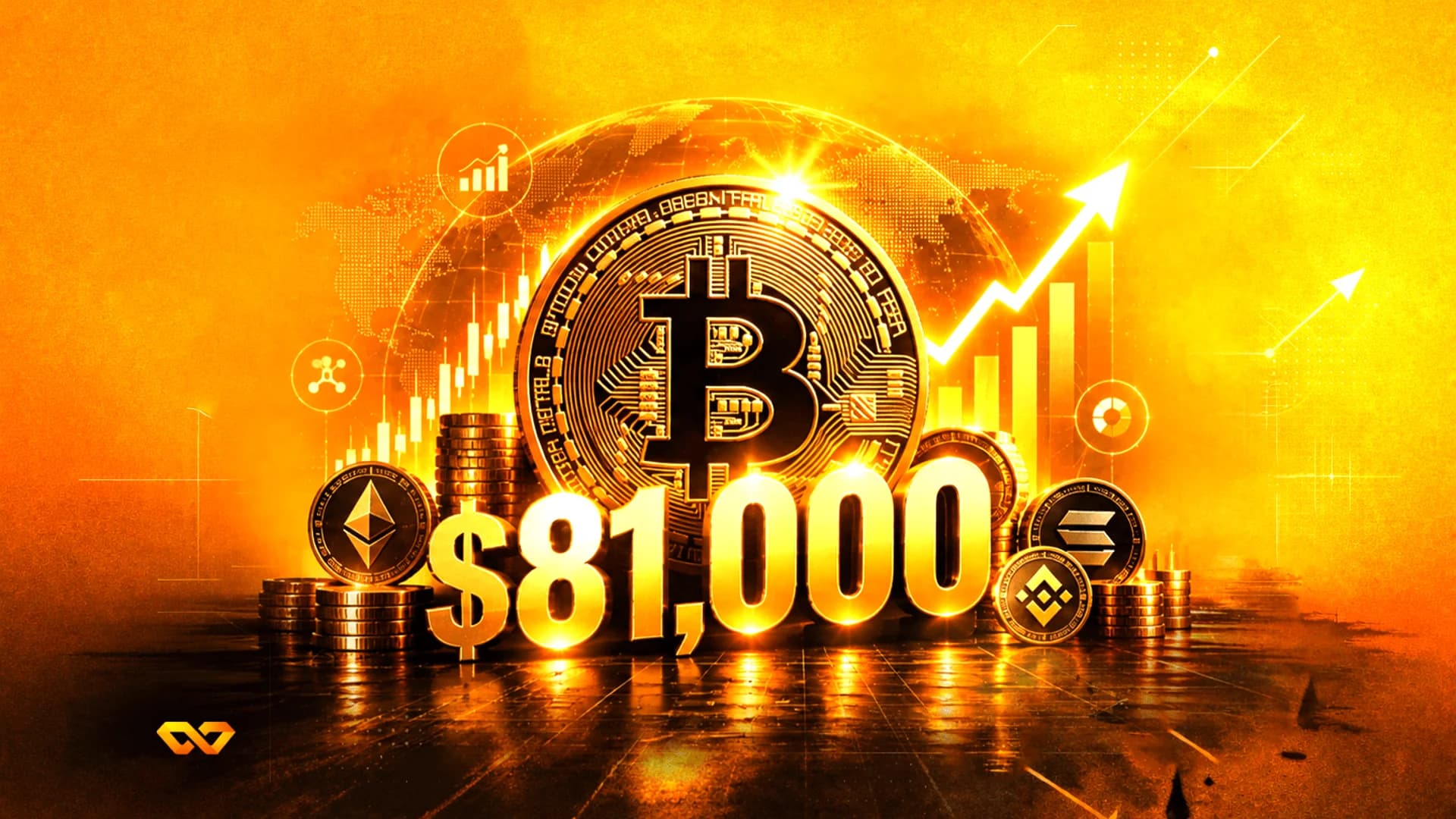 عملة بيتكوين ذهبية ونص 81,000 دولار محاطة بعملات إيثيريوم وسولانا وبي إن بي مع مخطط أسعار صاعد.