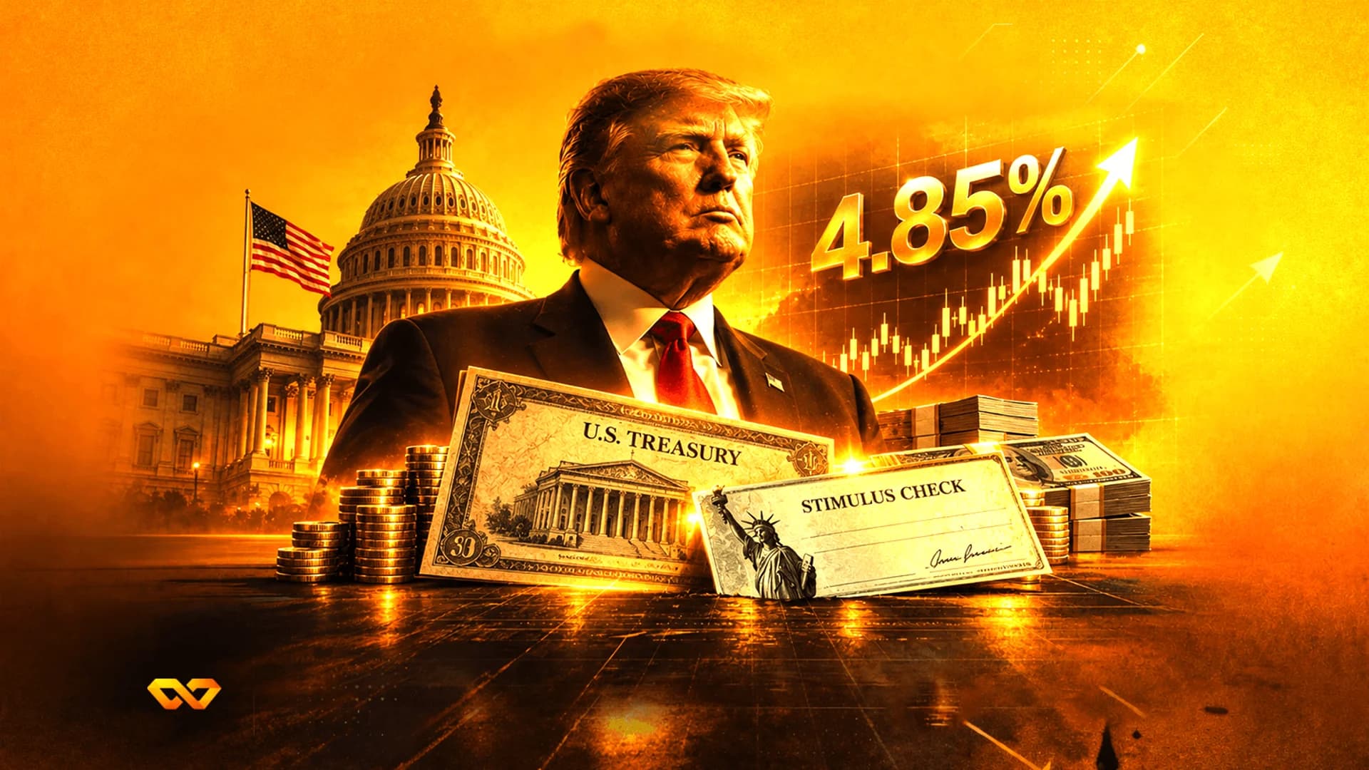 صورة لدونالد ترامب مع مبنى الكابيتول، سند خزانة، شيك تحفيزي، ورسم بياني صاعد بنسبة 4.85% على خلفية برتقالية.