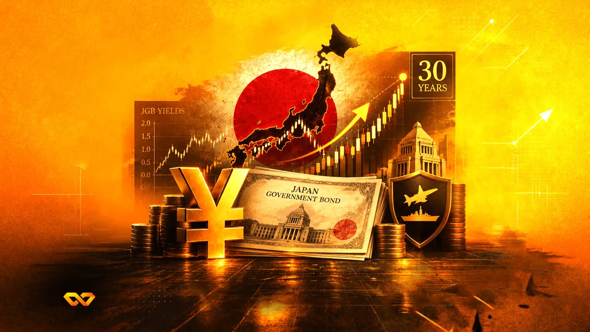 رمز الين الذهبي وسندات حكومية يابانية ورسم بياني لعوائد السندات على خلفية خريطة وعلم اليابان.