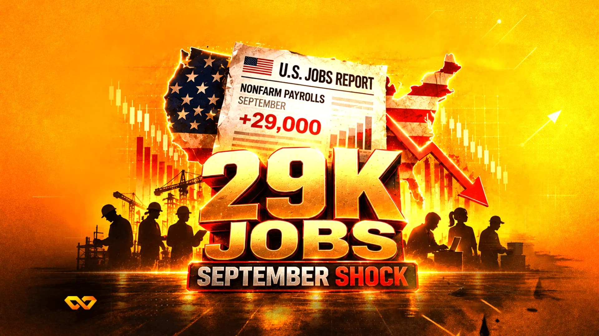 رسم بياني بنص '29K JOBS'، خريطة أمريكا بعلمها، صور ظلية لعمال، وسهم أحمر هابط على خلفية برتقالية.