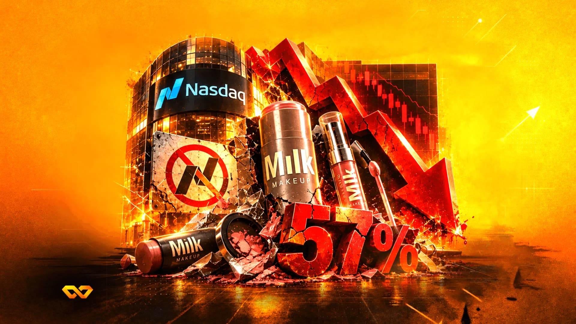 رسم توضيحي لمنتجات ميلك ميك أب ومبنى ناسداك مع سهم أحمر هابط كبير ورقم 57% باللون الأحمر.