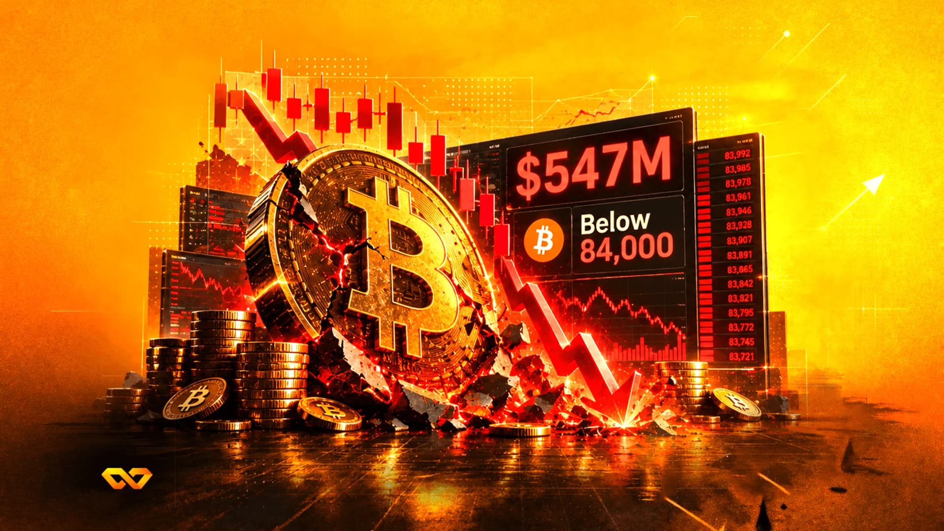 عملة بيتكوين ذهبية متصدعة وسط مخططات شموع حمراء هابطة وسهم يتجه للأسفل على خلفية برتقالية.