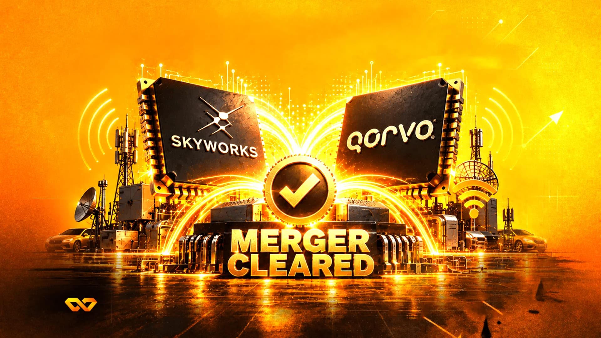 رقاقتان إلكترونيتان تحملان شعاري Skyworks و Qorvo مع علامة صح ذهبية وعبارة 'MERGER CLEARED' على خلفية برتقالية.