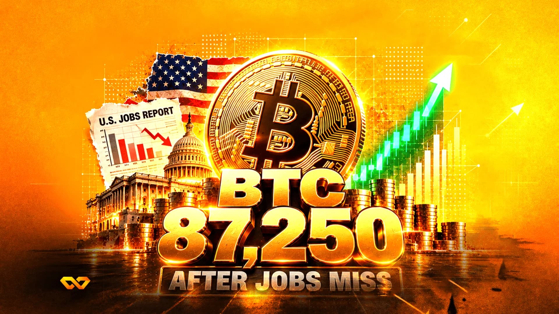 عملة بيتكوين ومبنى الكابيتول الأمريكي ورسم بياني لتقرير الوظائف مع سهم أخضر صاعد على خلفية ذهبية.