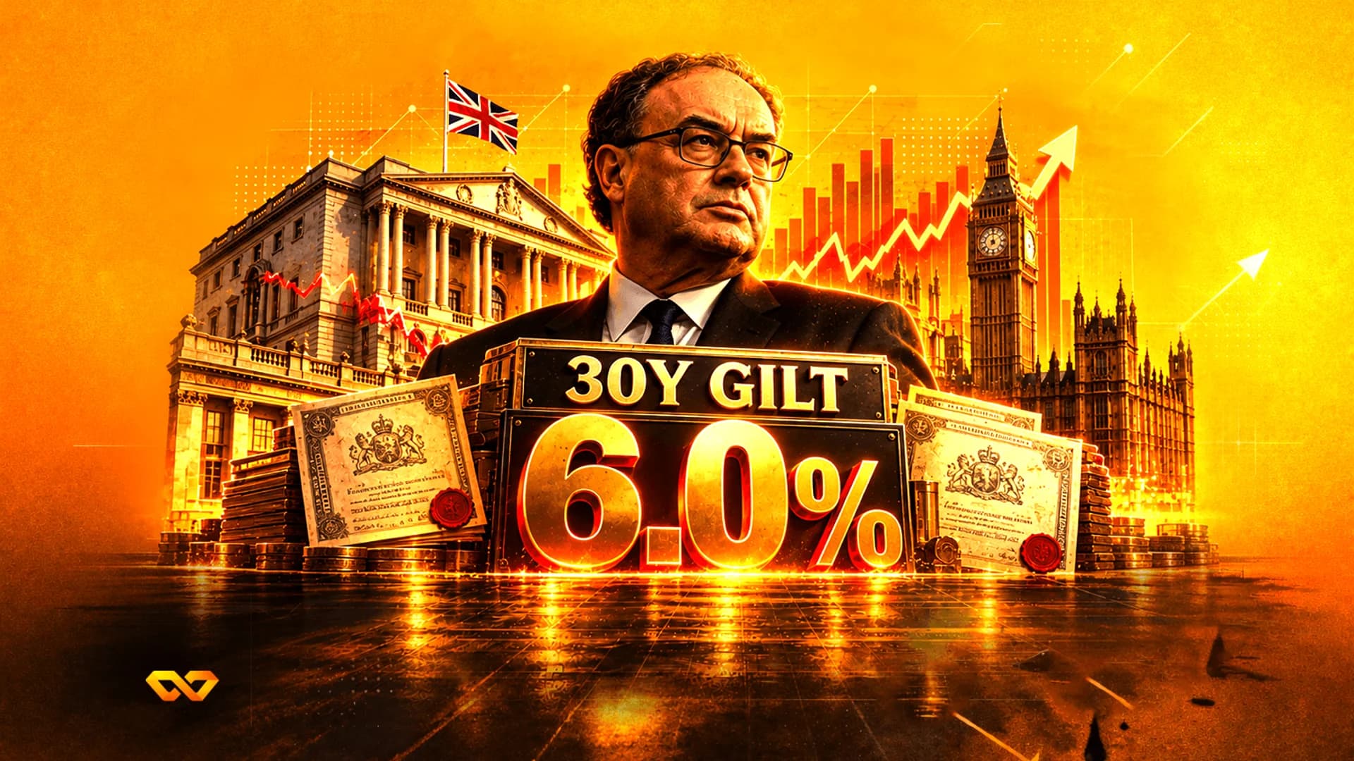 صورة لرجل أمام معالم بريطانية، مع نص 30Y GILT 6.0% وشهادات سندات ورسوم بيانية مالية.