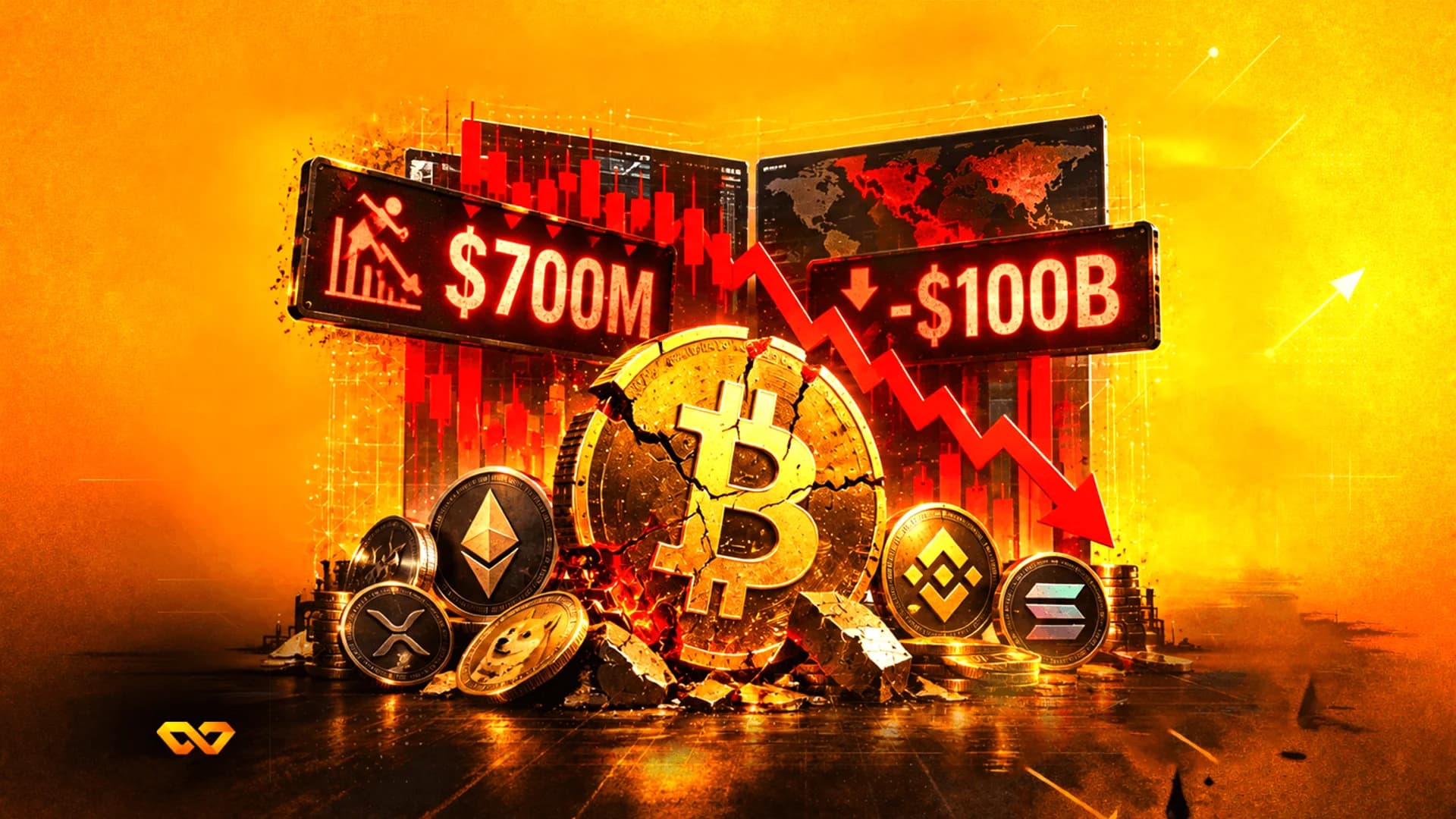 عملة بيتكوين ذهبية مكسورة محاطة بعملات مشفرة أخرى، ورسوم بيانية حمراء هابطة، وعلامات تشير إلى خسائر كبيرة.