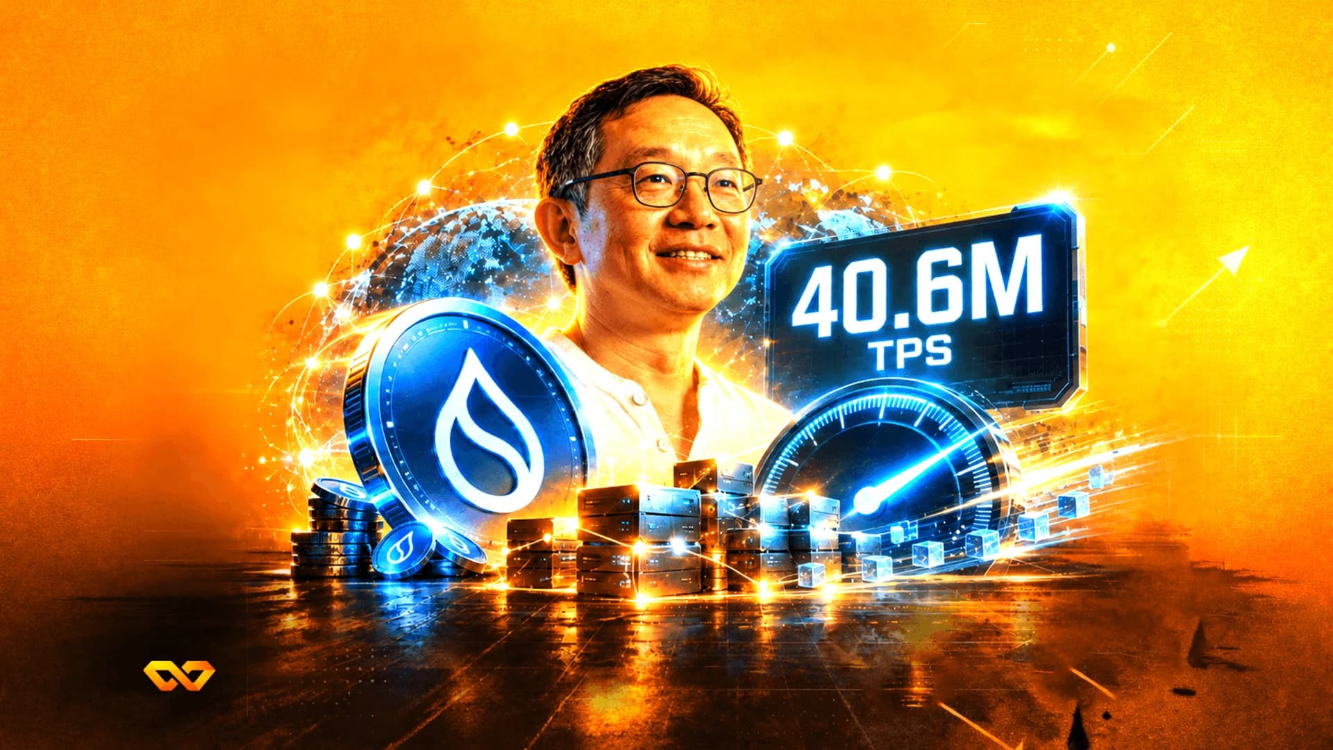 صورة لرجل بجانب عملة سوي وعداد سرعة وشاشة رقمية تعرض 40.6M TPS على خلفية برتقالية.
