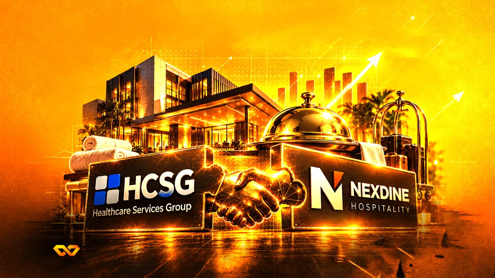 رسم توضيحي رقمي لشعاري HCSG وNexdine على قطع أحجية متصلة بمصافحة على خلفية ذهبية.