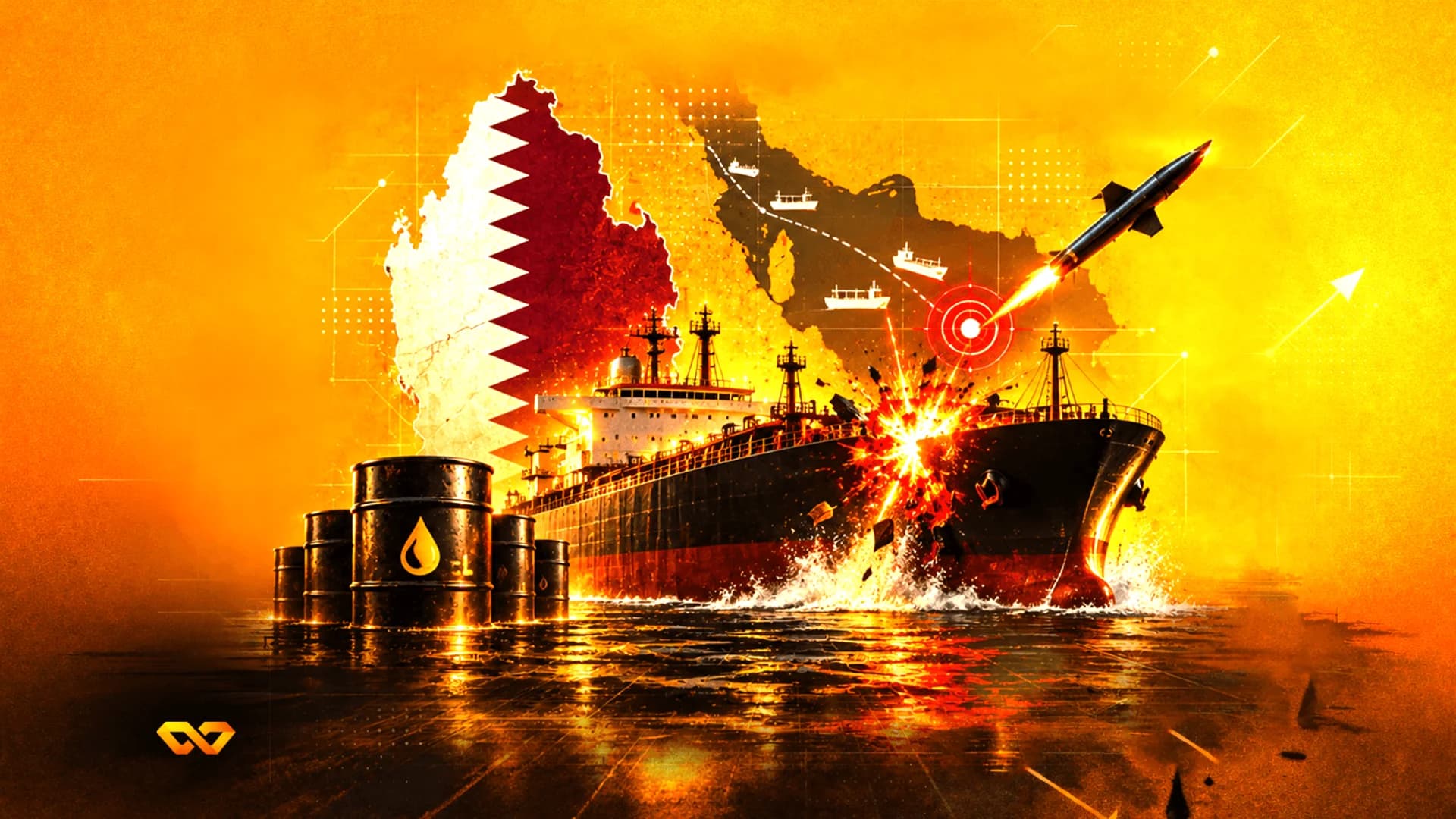 انفجار ناقلة نفط إثر هجوم صاروخي مع علم قطر وخريطة الخليج العربي في الخلفية.
