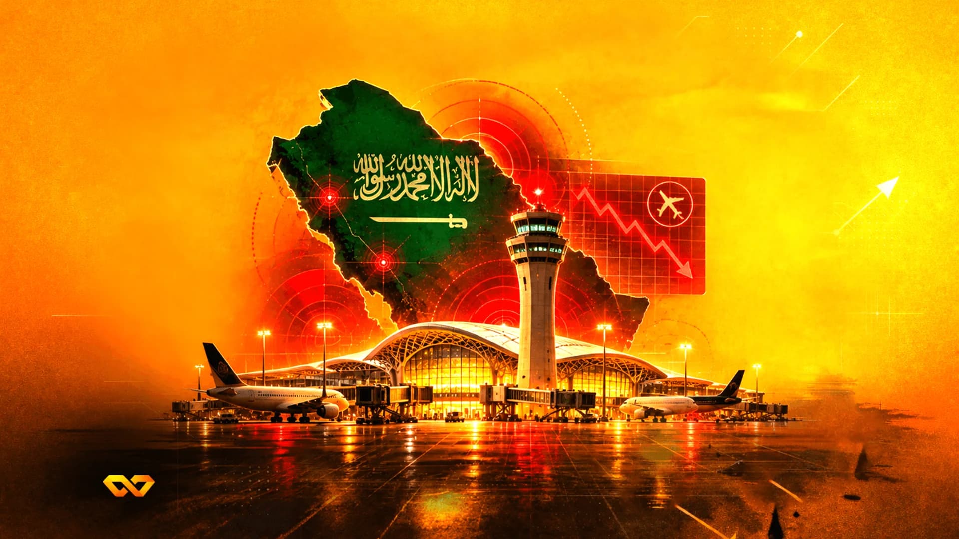 رسم توضيحي لمطار في السعودية مع خريطة للمملكة ورسم بياني خطي أحمر يتجه للأسفل.
