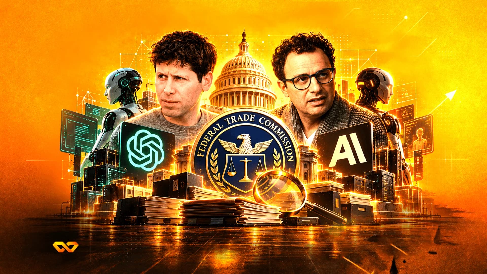 كولاج رقمي يضم سام ألتمان، ختم FTC، مبنى الكابيتول، روبوتات، وشعار OpenAI على خلفية برتقالية.