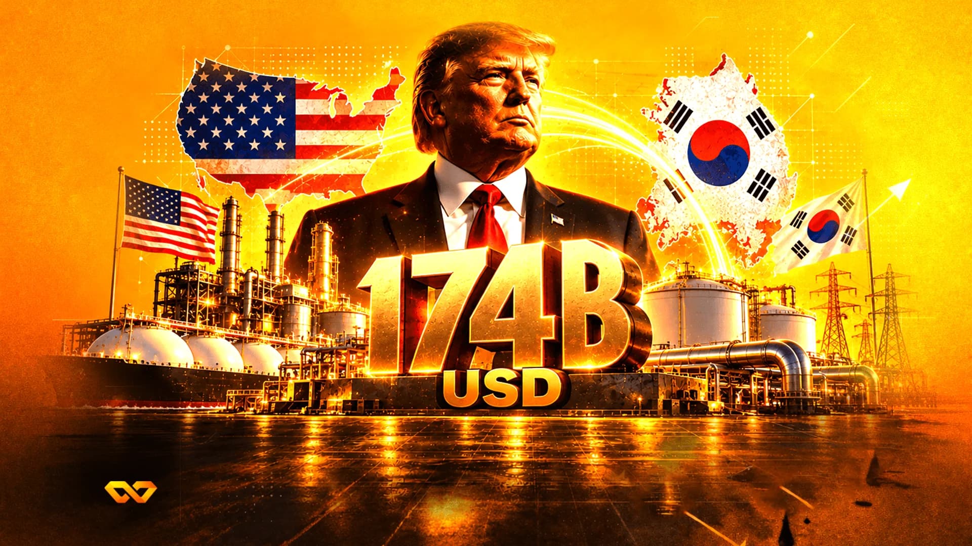 صورة دونالد ترامب بين خريطتي أمريكا وكوريا الجنوبية، مع منشأة صناعية ونص 174B USD كبير.