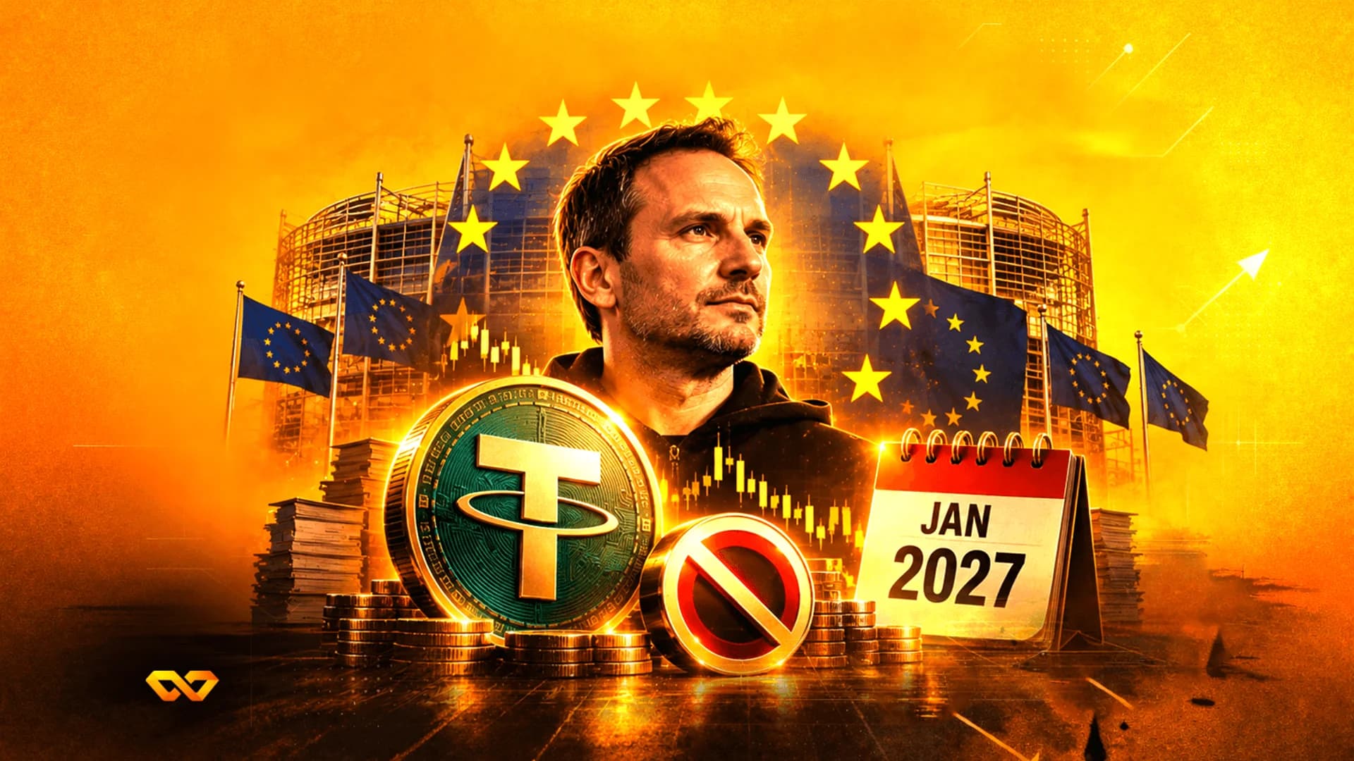 صورة لرجل مع عملة تيثر وأعلام الاتحاد الأوروبي وتقويم لشهر يناير 2027 على خلفية برتقالية.