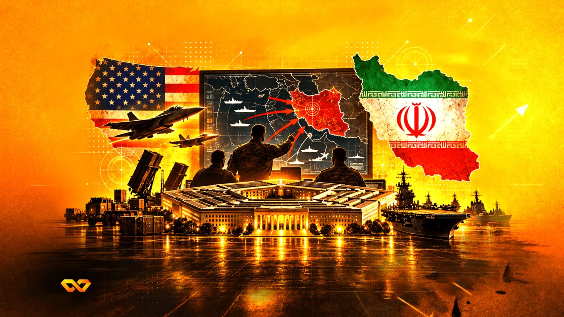 فن رقمي لأعلام الولايات المتحدة وإيران، وعسكريين، ومبنى البنتاغون، وسفن حربية على خلفية برتقالية نارية.