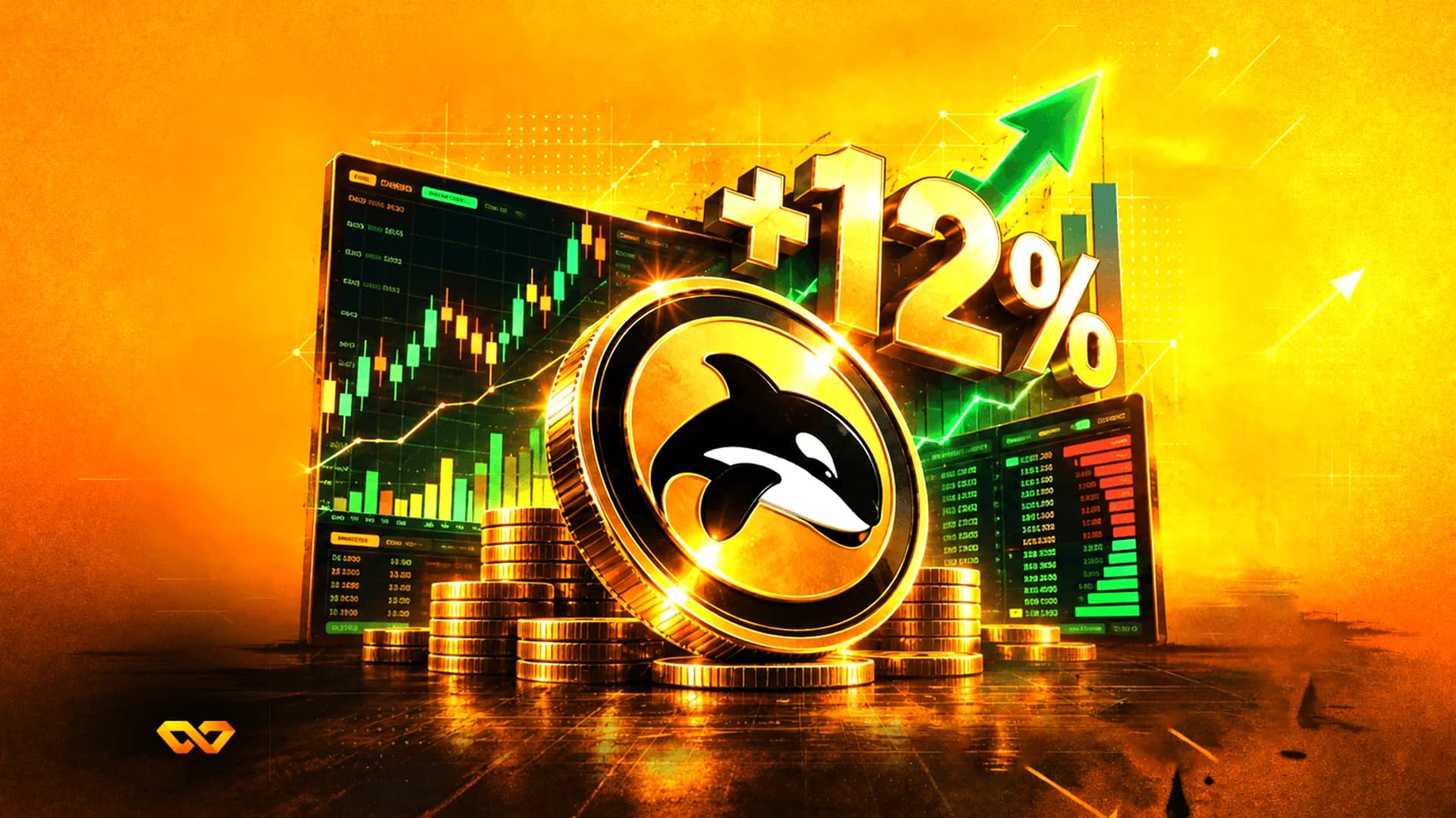 عملة ذهبية عليها شعار حوت الأوركا أمام رسوم بيانية مالية ورقم +12% مع سهم أخضر صاعد.